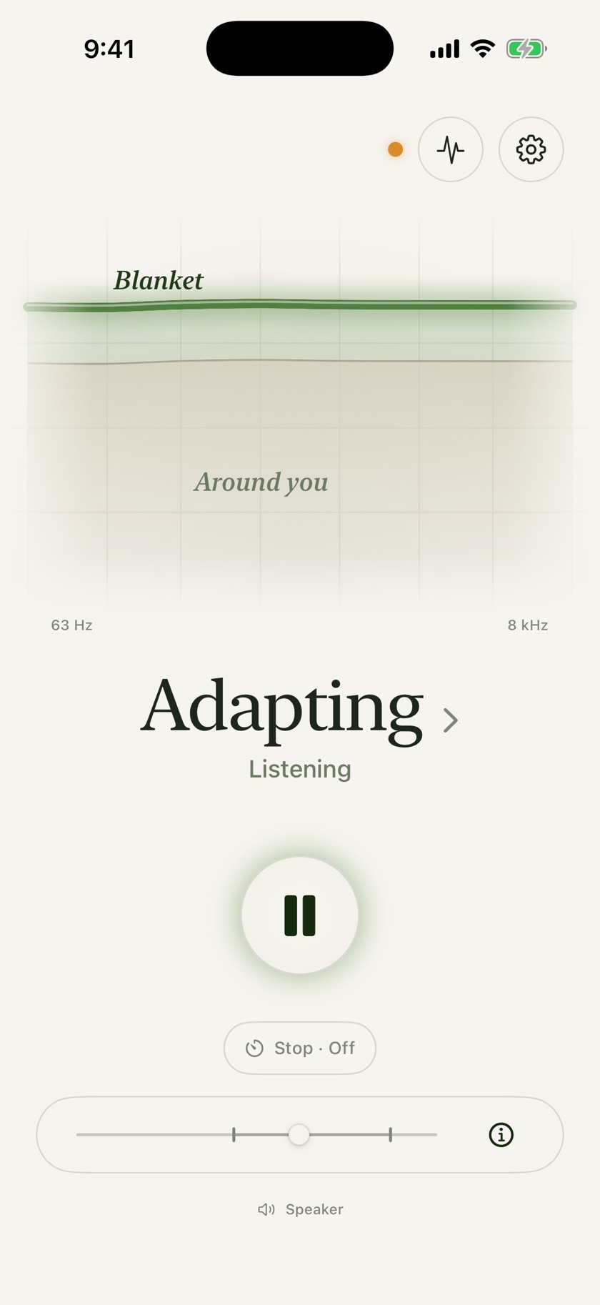 The home screen of Blanket. The sound as a blanket laid over the noise around you, the word Adapting, Play in the middle, and at the bottom the stop time and the level slider.